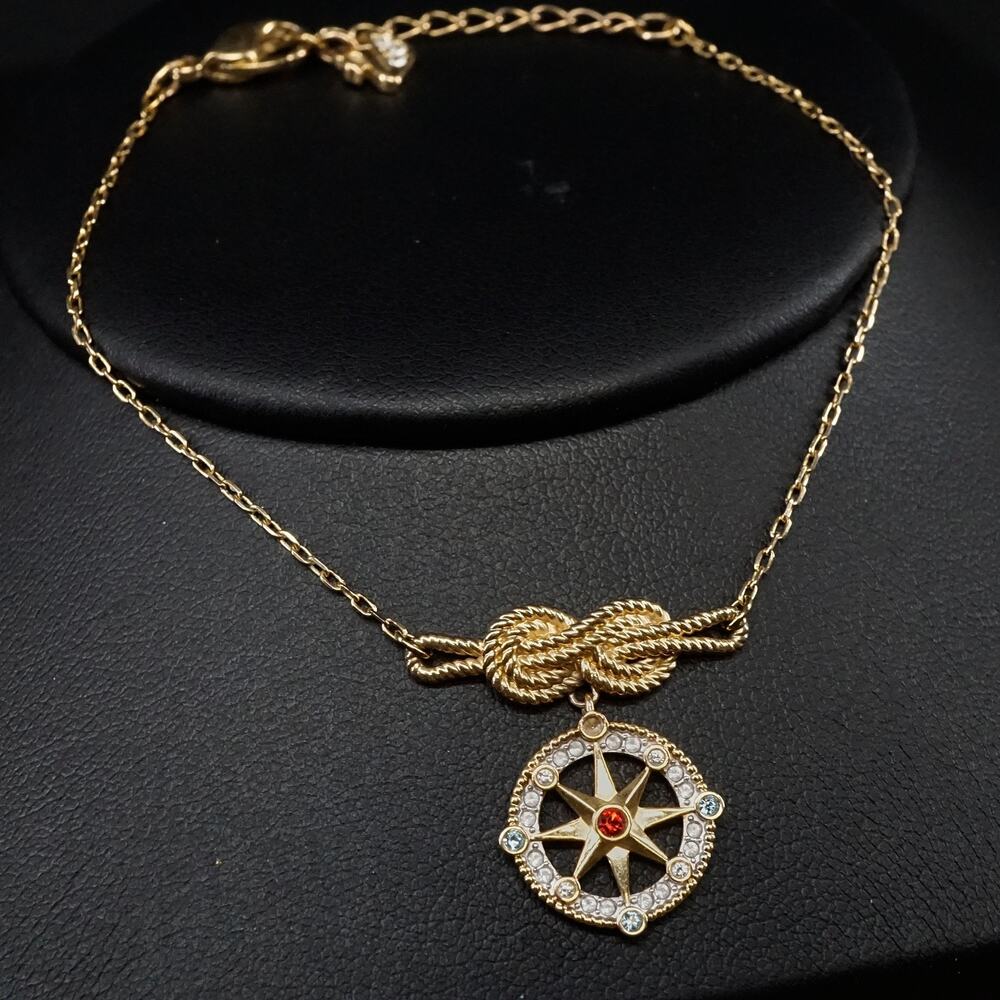 Swarovski Ocean Adventure Gold Tone Compass Charm Crystal Bracelet 6.5 in